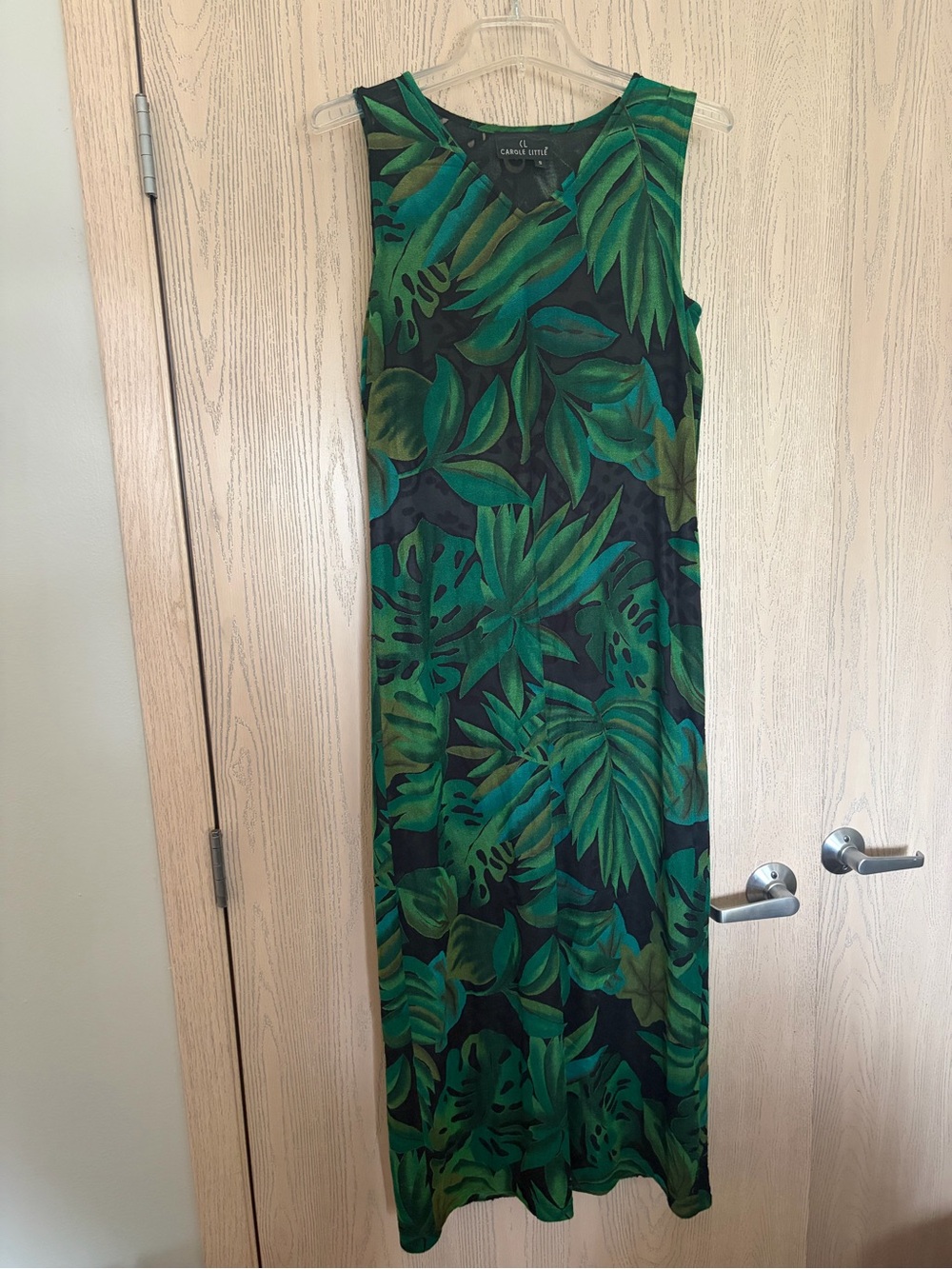Vintage Carole Little Green Tropical Leaf Sleeveless Maxi Dress